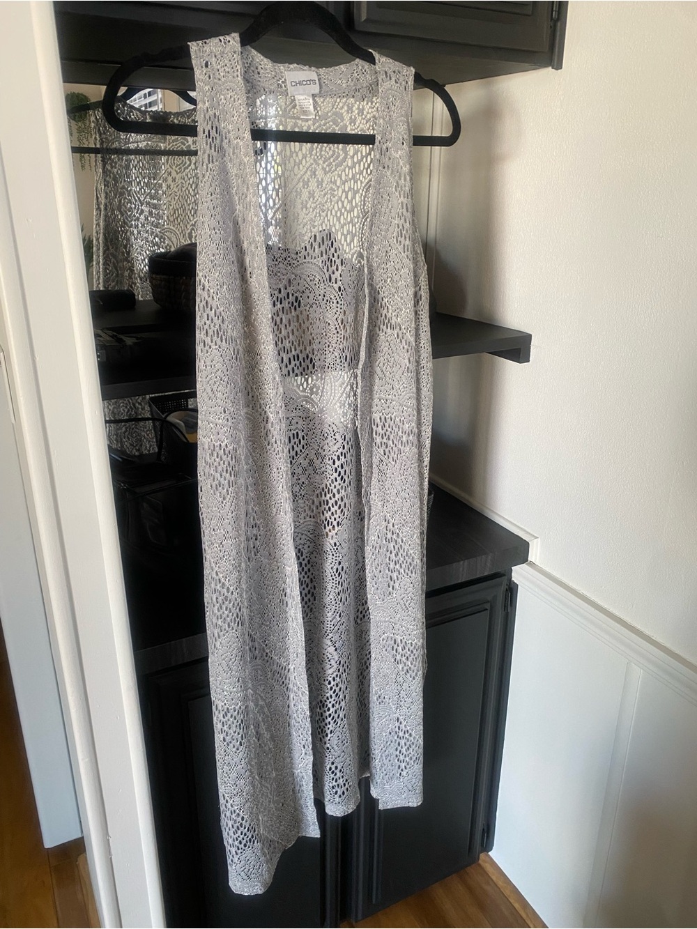 Chico's Beautiful Silver with Cream Crochet Duster Vest